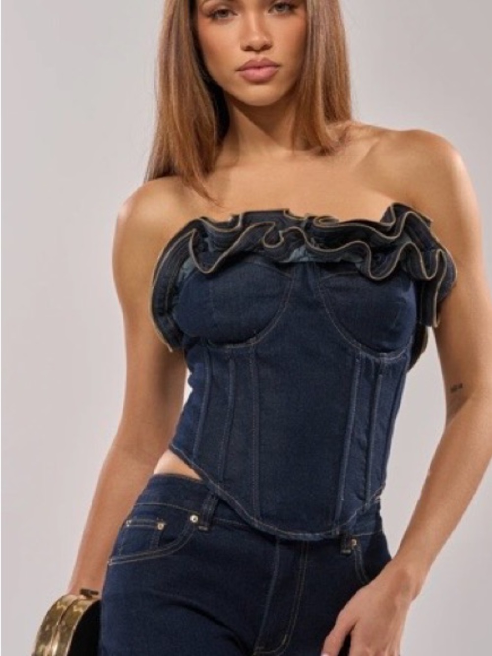 Denim Ruffle Corset Short Set - Picture 3 of 8
